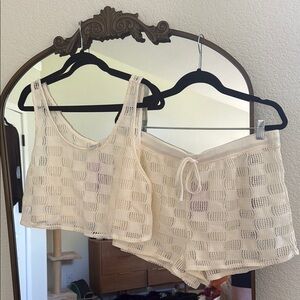 Cream Crochet Tank Top and Shorts Set